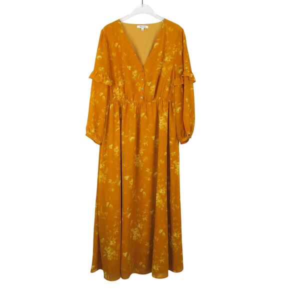 Madewell Ruffle-Sleeve Button-Front Dress Tonal Botanical Orange Floral Maxi 4 - Picture 10 of 10